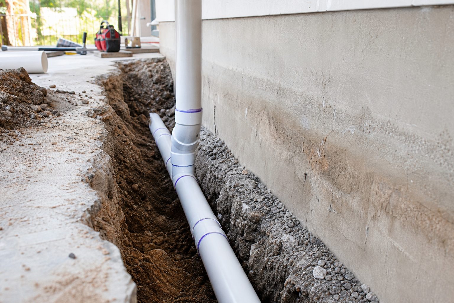 New PVC drainage piping installed beneath a property